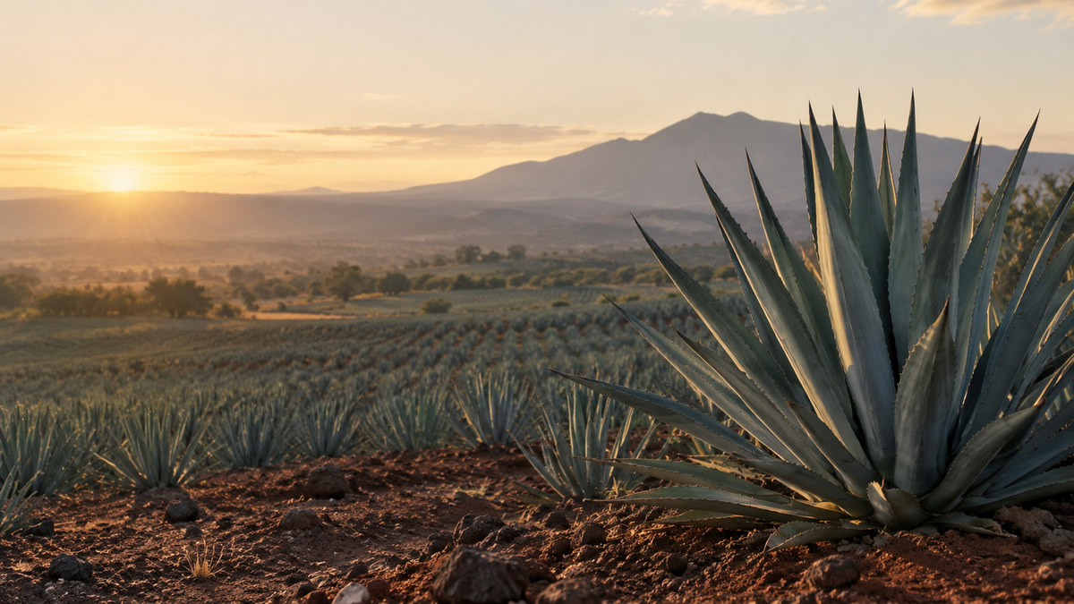Blue agave field in the Jalisco highlands at sunrise