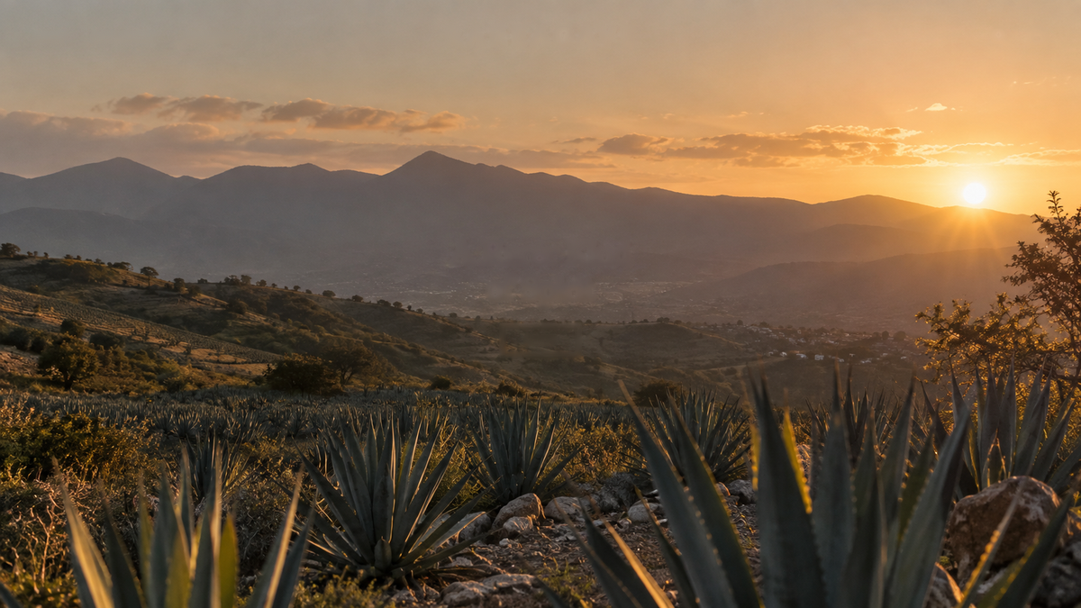 Golden-hour agave field and mountain landscape at sunset